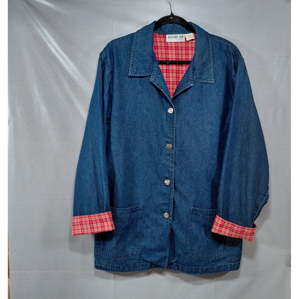 Vtg Bedford Fair Button Up Jeans Coat Women's LG Plaid Cuffs Dark Wash Denim